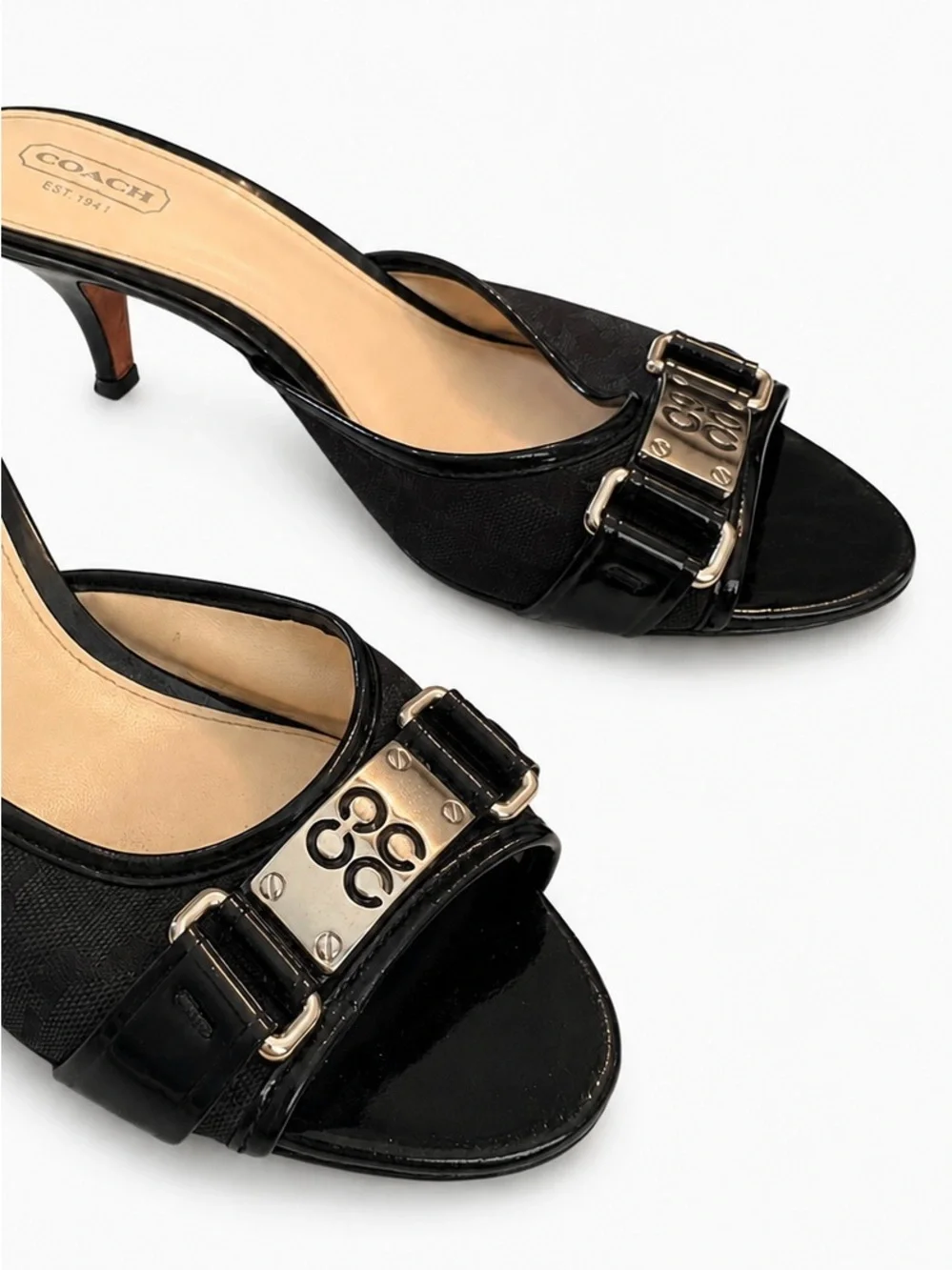 Coach Black Kitten Heels With Metal Monogram Detail